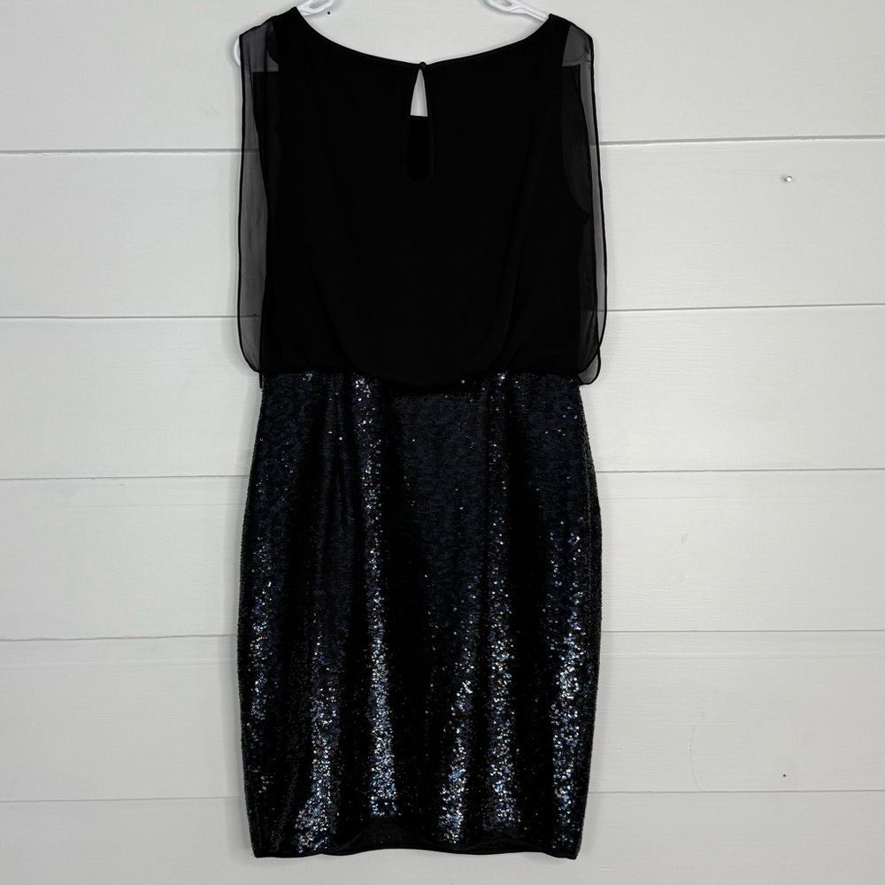 Calvin Klein Black Sequin Cocktail Dress Sleeveless Chiffon Overlay Size 10 - Picture 3 of 10